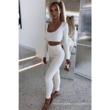 2021 Spring Good Quality Cotton Solid Color Long Sleeve Skinny Knitted Plain Crop Top Two Piece Set Women